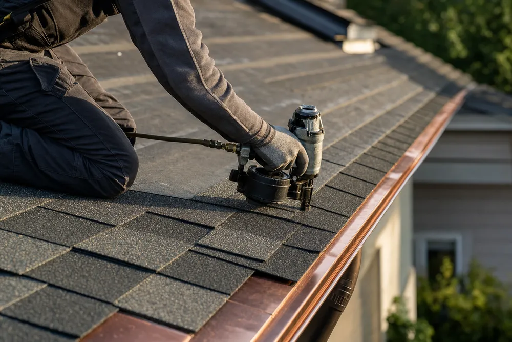 Iron Crest roofer installing architectural shingles with a nail gun along a copper drip edge
