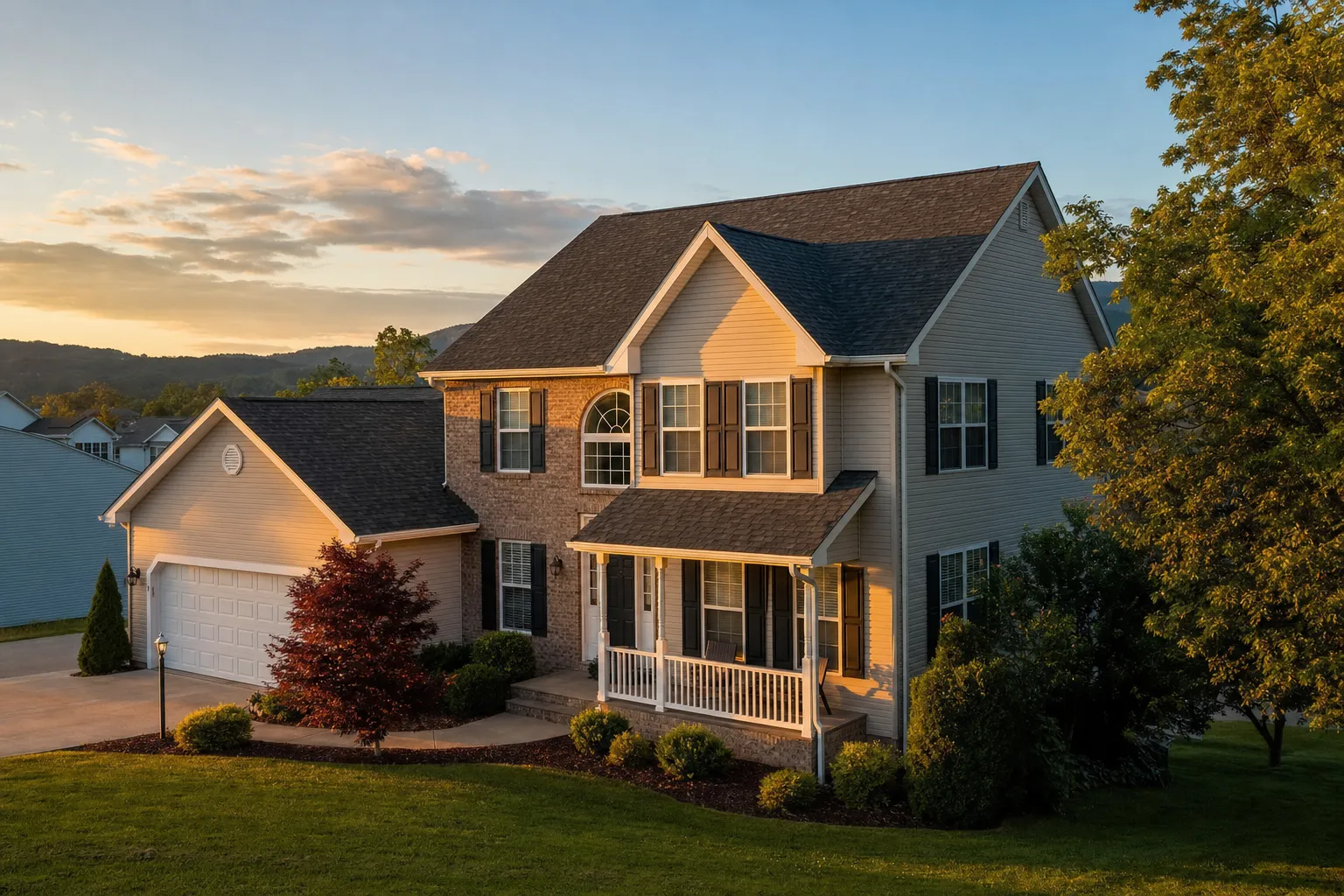 Two-story West Virginia home with a newly installed charcoal-gray architectural shingle roof at golden hour