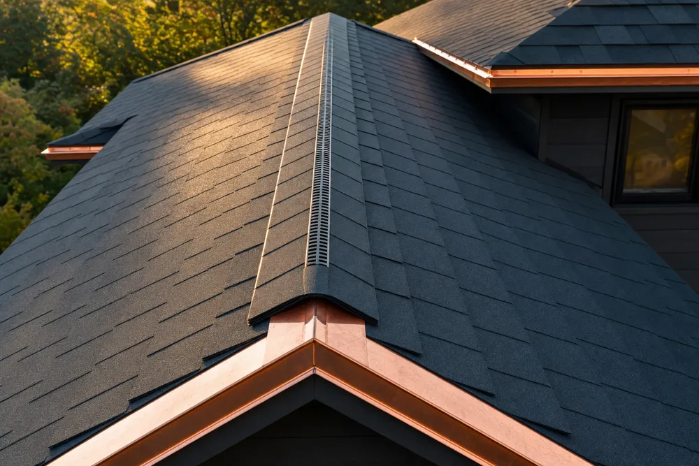Detail of charcoal-gray architectural shingles with copper flashing and ridge vent